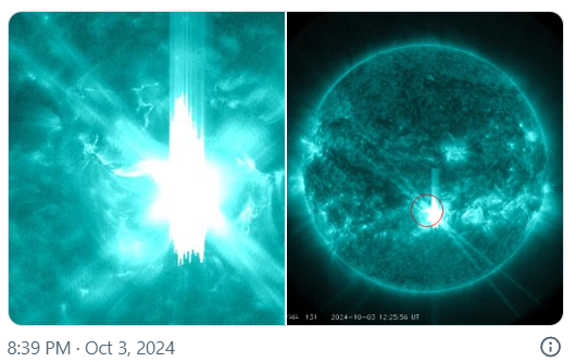 2024-10-03
今天早上，太陽從太陽黑子區域 3842 向地球發射了一次大規模的 X9.05...